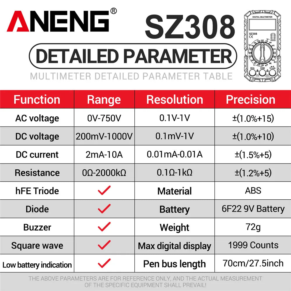 ANENG SZ308 Digital Multimeter AC/DC Current Meter Voltage Resistance Meter Electrician LCD Backlight Ohm Square Wave Test