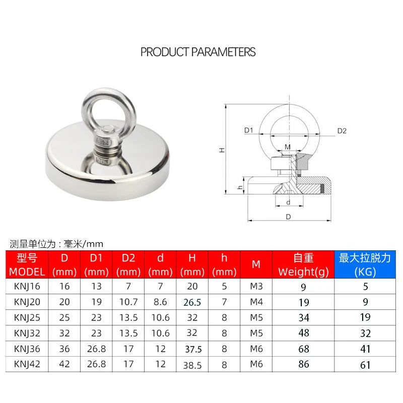 Super Strong Neodymium Fishing Magnets Heavy Duty imanes Magnet with Countersunk Hole Eyebolt for Salvage Magnetic Fishing