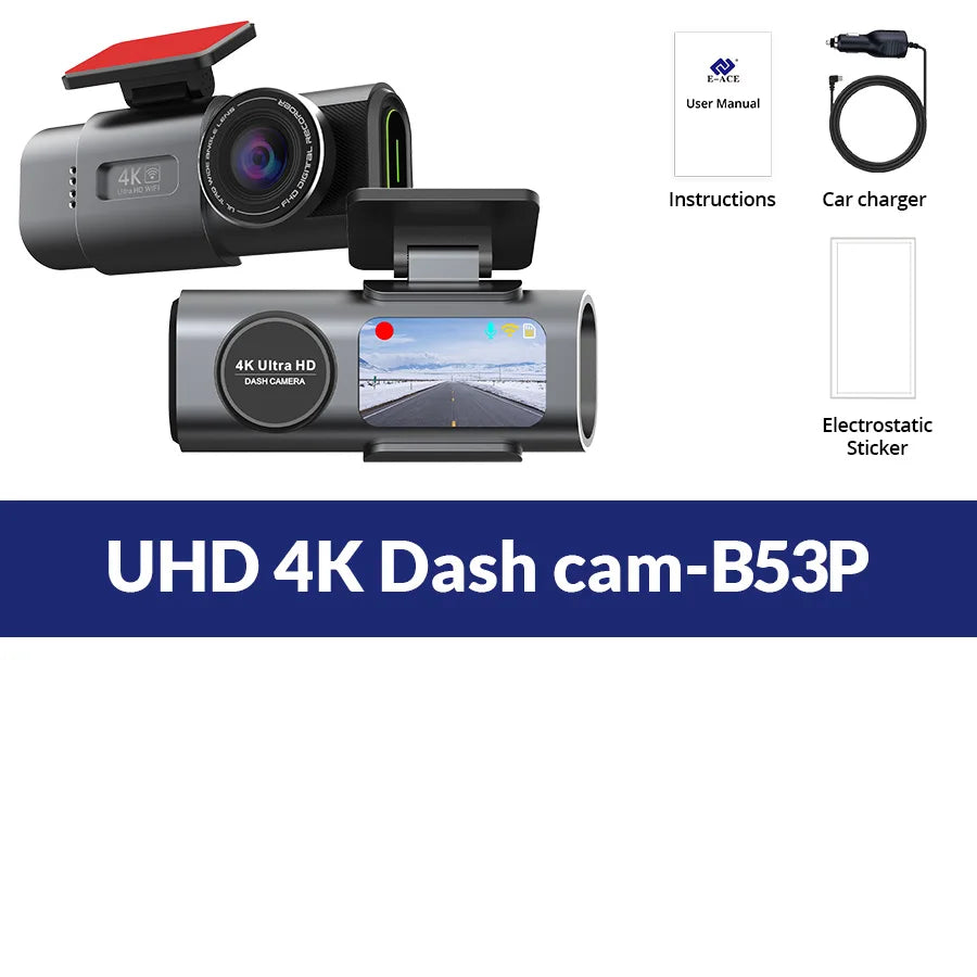 Dash Cam 4K UHD Recording Car Camera DVR Night Vision Video Recorder Built-In Wi-Fi Support GPS 24H Parking